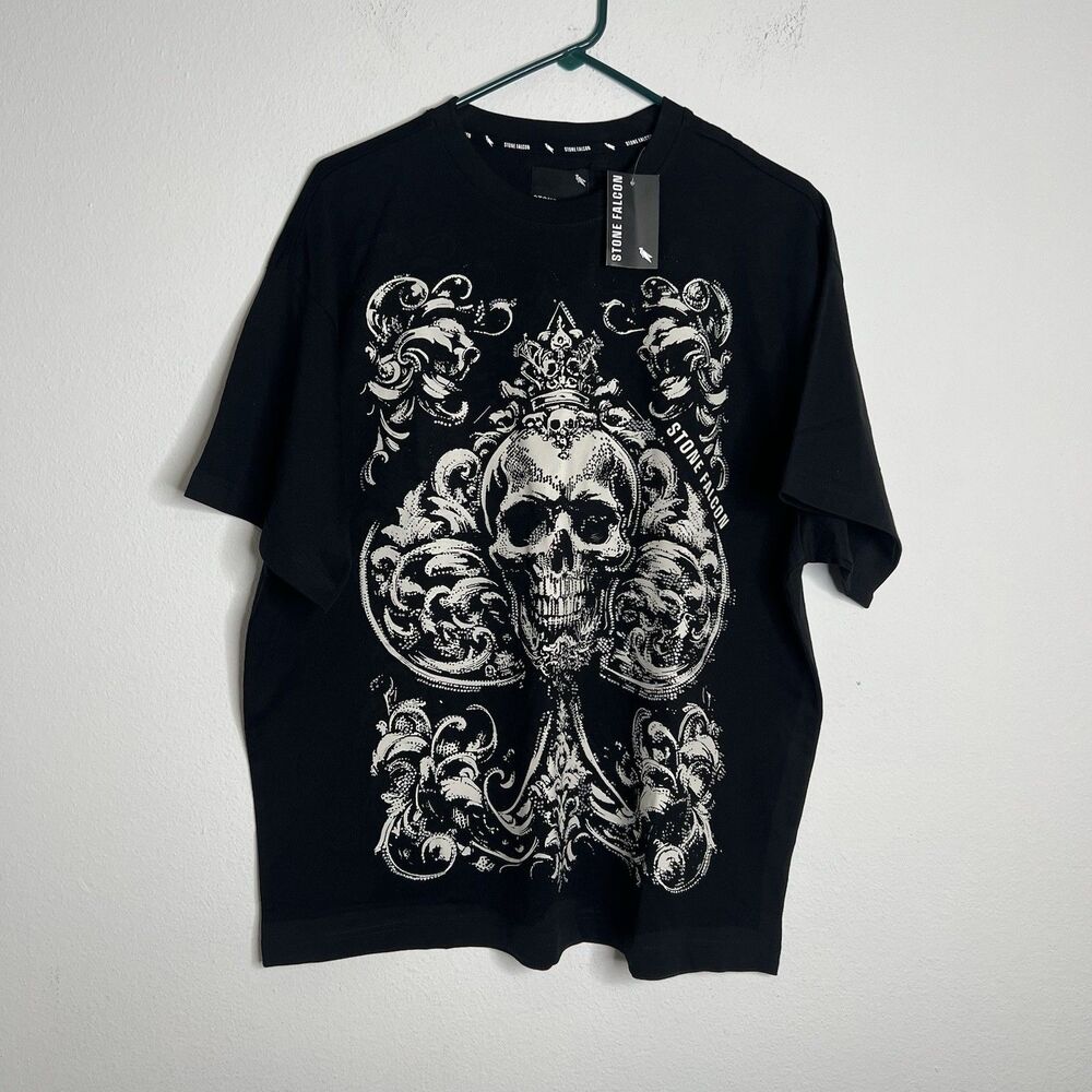 Stone Falcon Men's T Shirt Crew Neck Short Sleeve  Skull Print Size Large